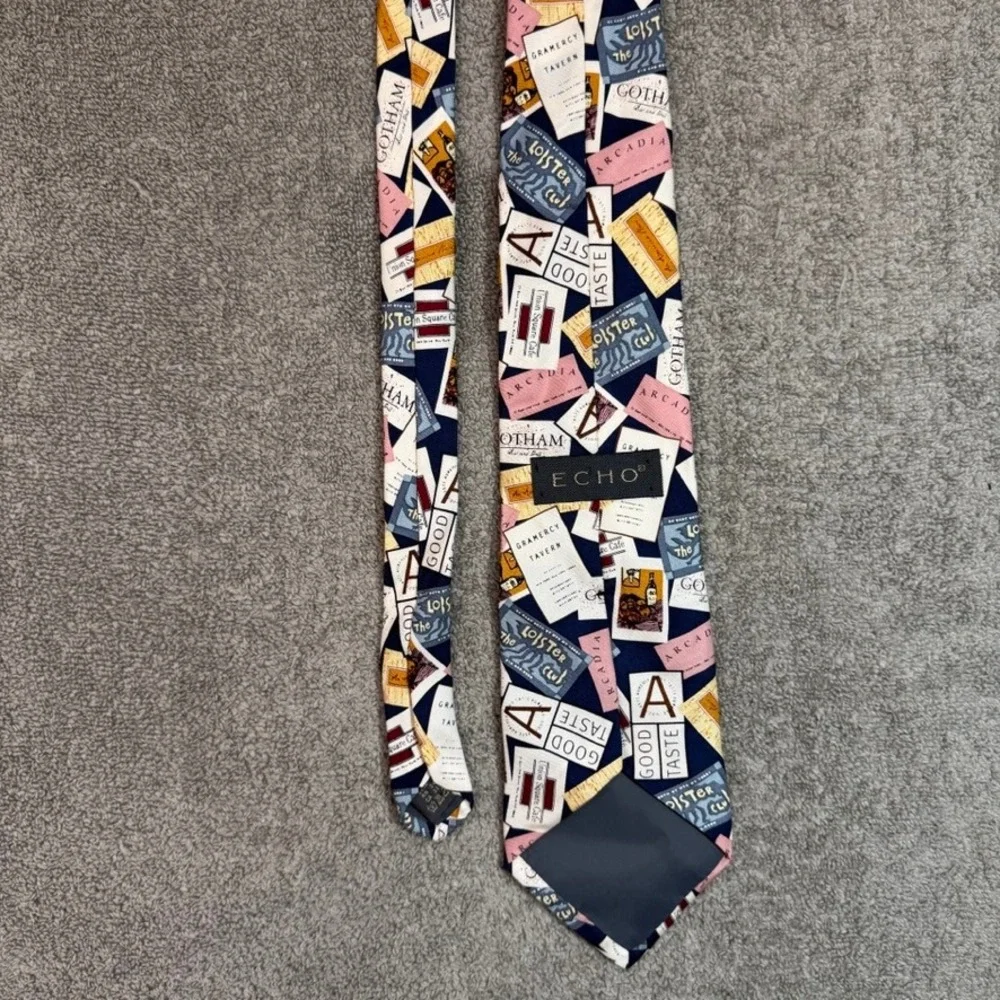 Echo Silk Tie Mens Navy Blue NYC Restaurant Business Card Novelty Print 57x3.75